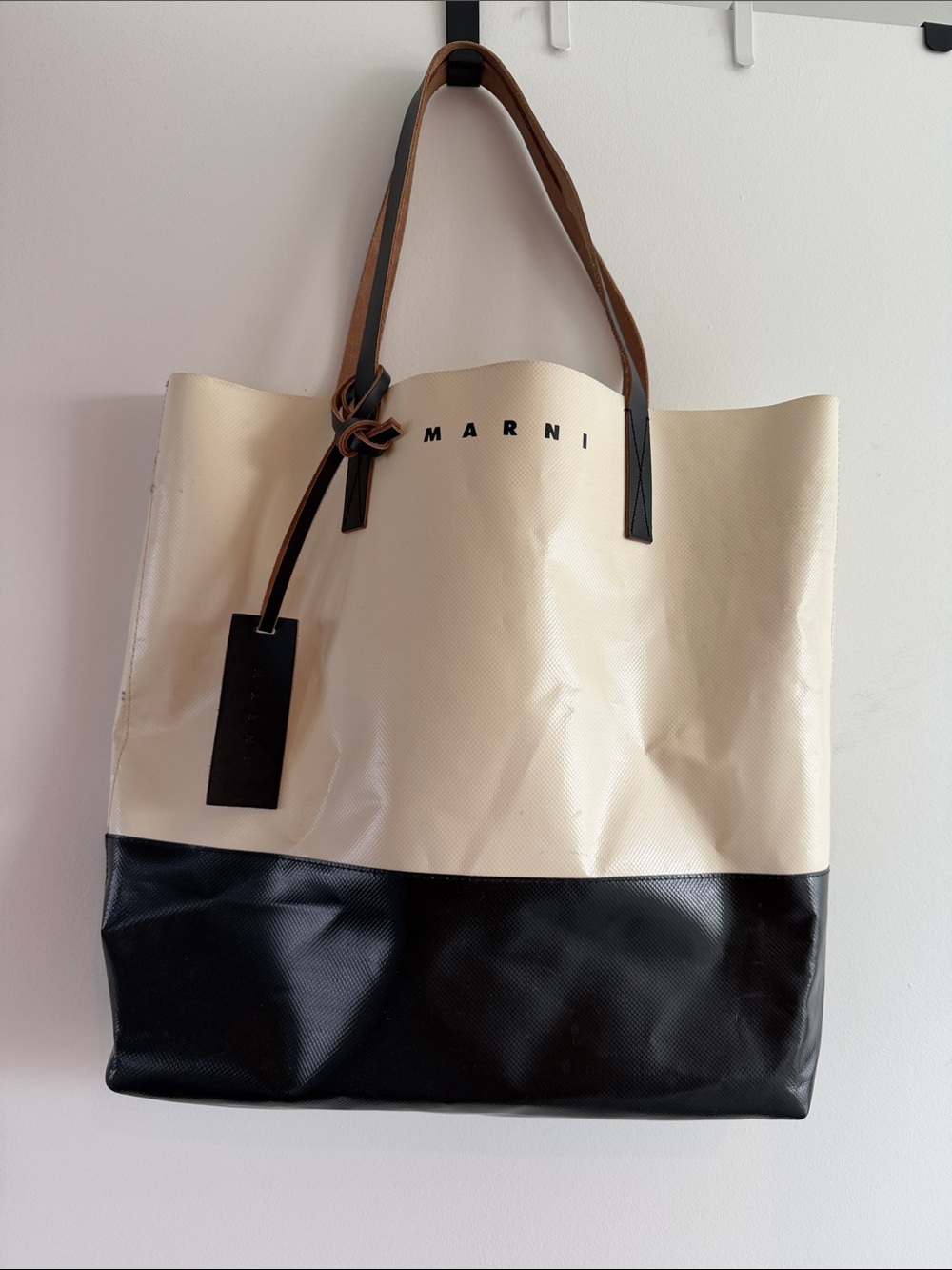 Marni Cream and Black Two-Tone Leather-Trim Tote